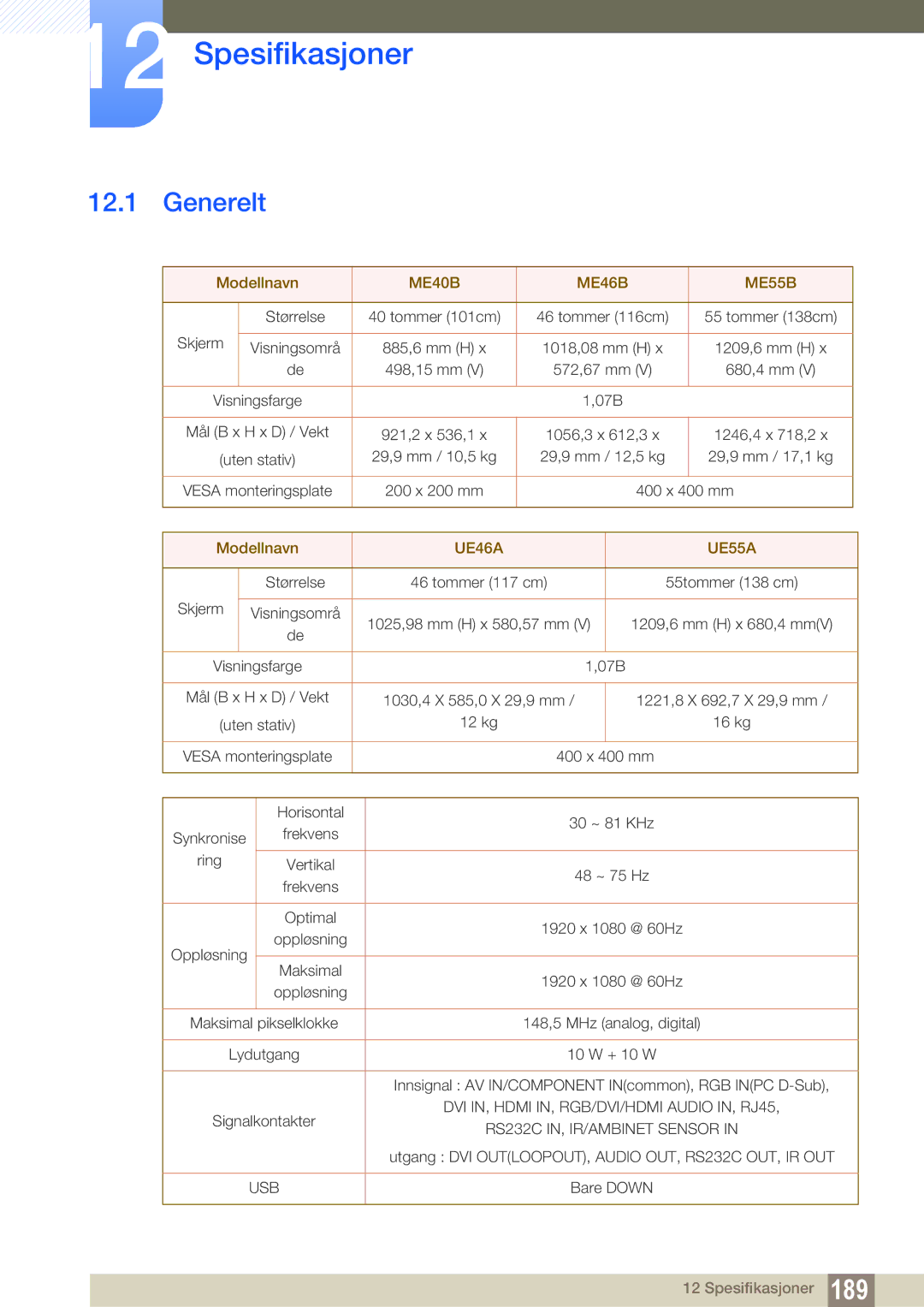 Samsung LH55MEBPLGC/EN manual Spesifikasjoner, Generelt 