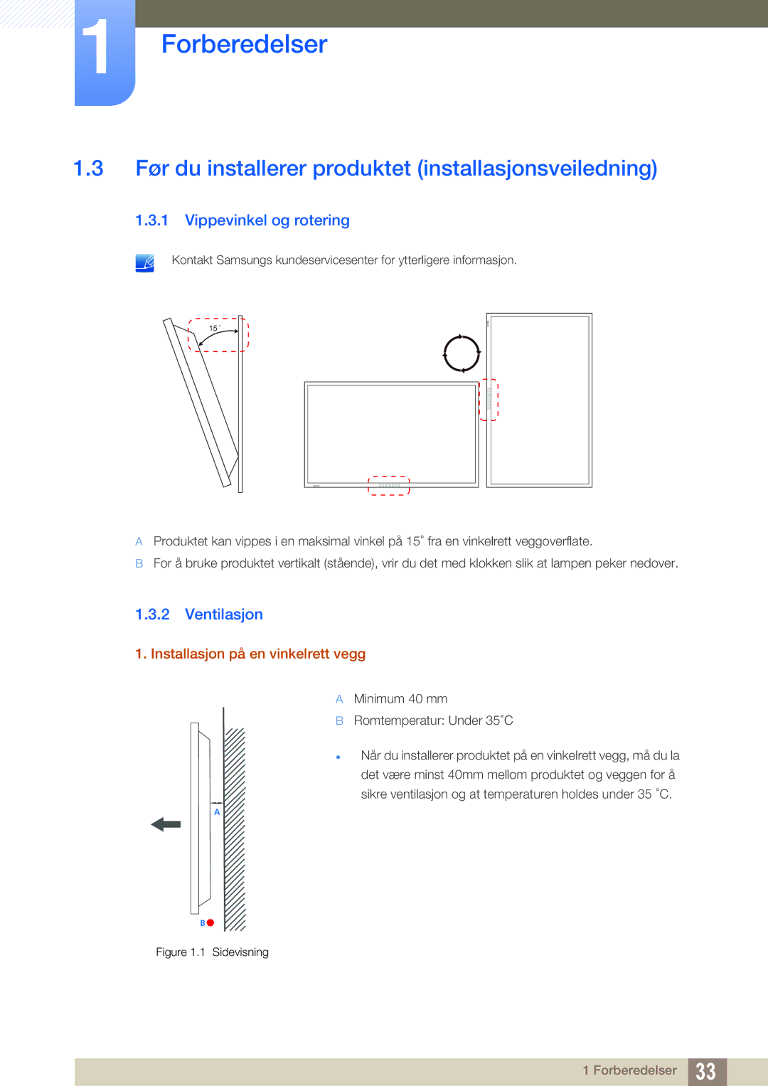 Samsung LH55MEBPLGC/EN manual Før du installerer produktet installasjonsveiledning, Vippevinkel og rotering, Ventilasjon 