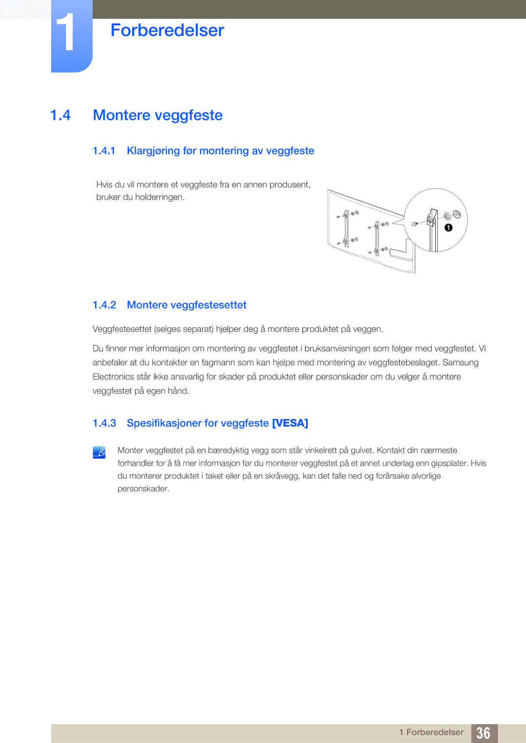 Samsung LH55MEBPLGC/EN manual Klargjøring før montering av veggfeste, Montere veggfestesettet 