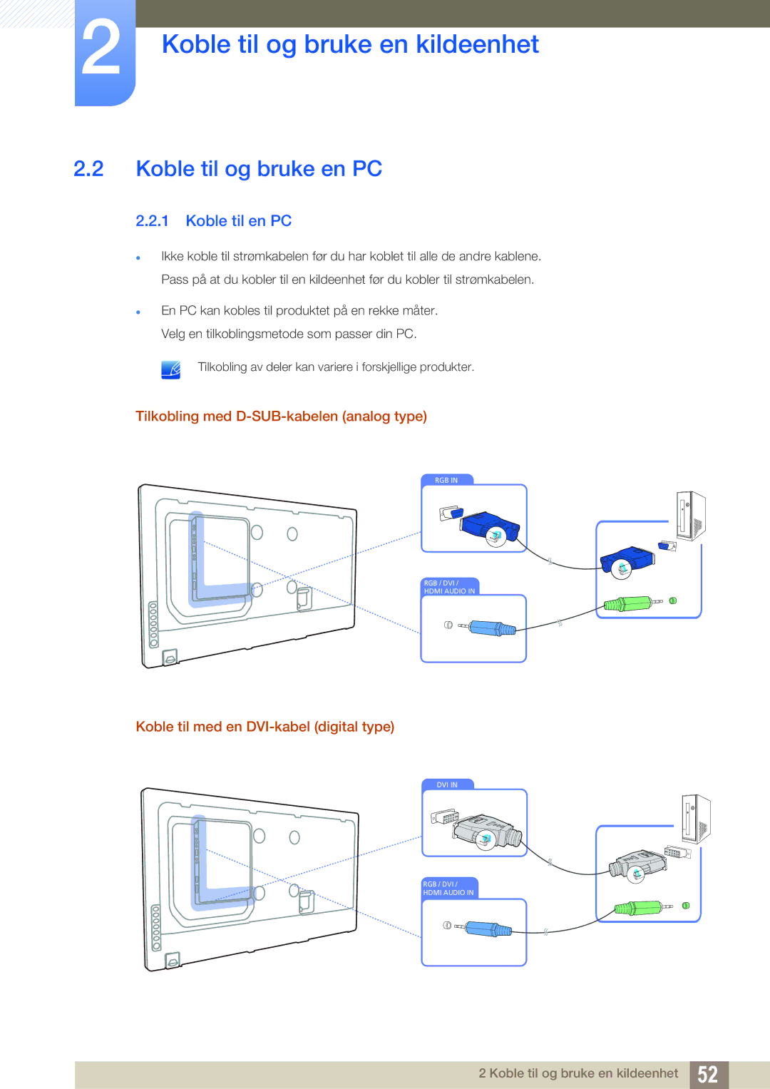 Samsung LH55MEBPLGC/EN manual Koble til og bruke en PC, Koble til en PC, Tilkobling med D-SUB-kabelen analog type 