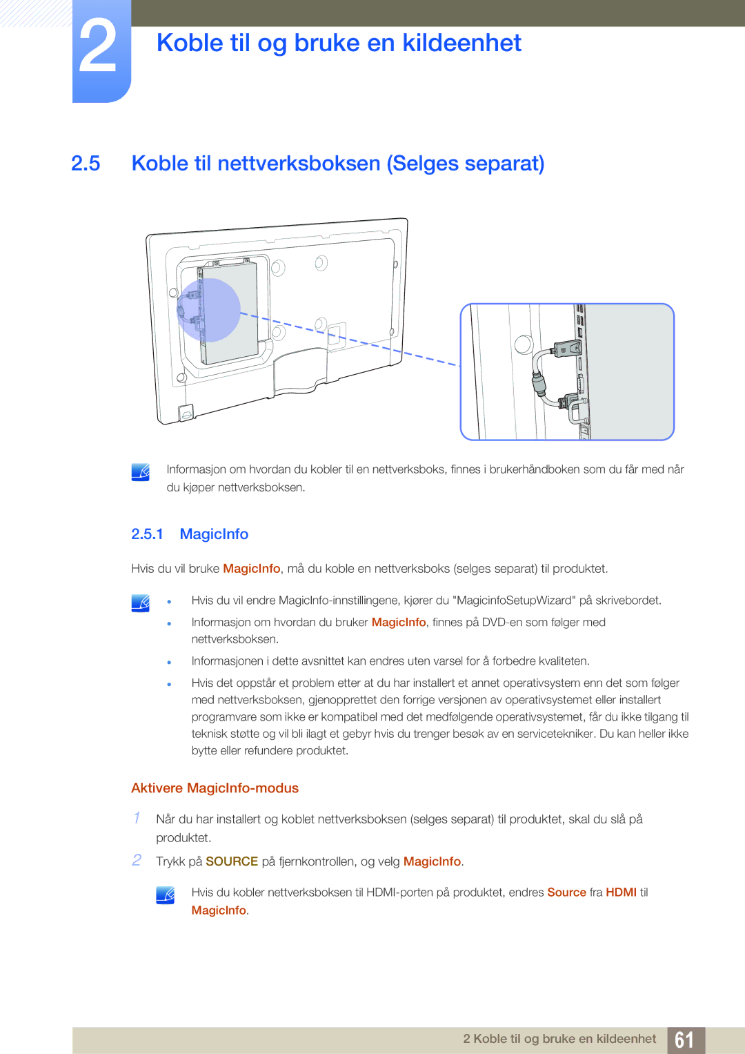 Samsung LH55MEBPLGC/EN manual Koble til nettverksboksen Selges separat, Aktivere MagicInfo-modus 