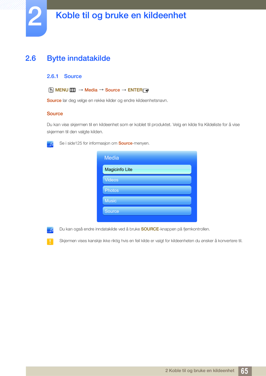 Samsung LH55MEBPLGC/EN manual Bytte inndatakilde, Menu m Media Source Enter 