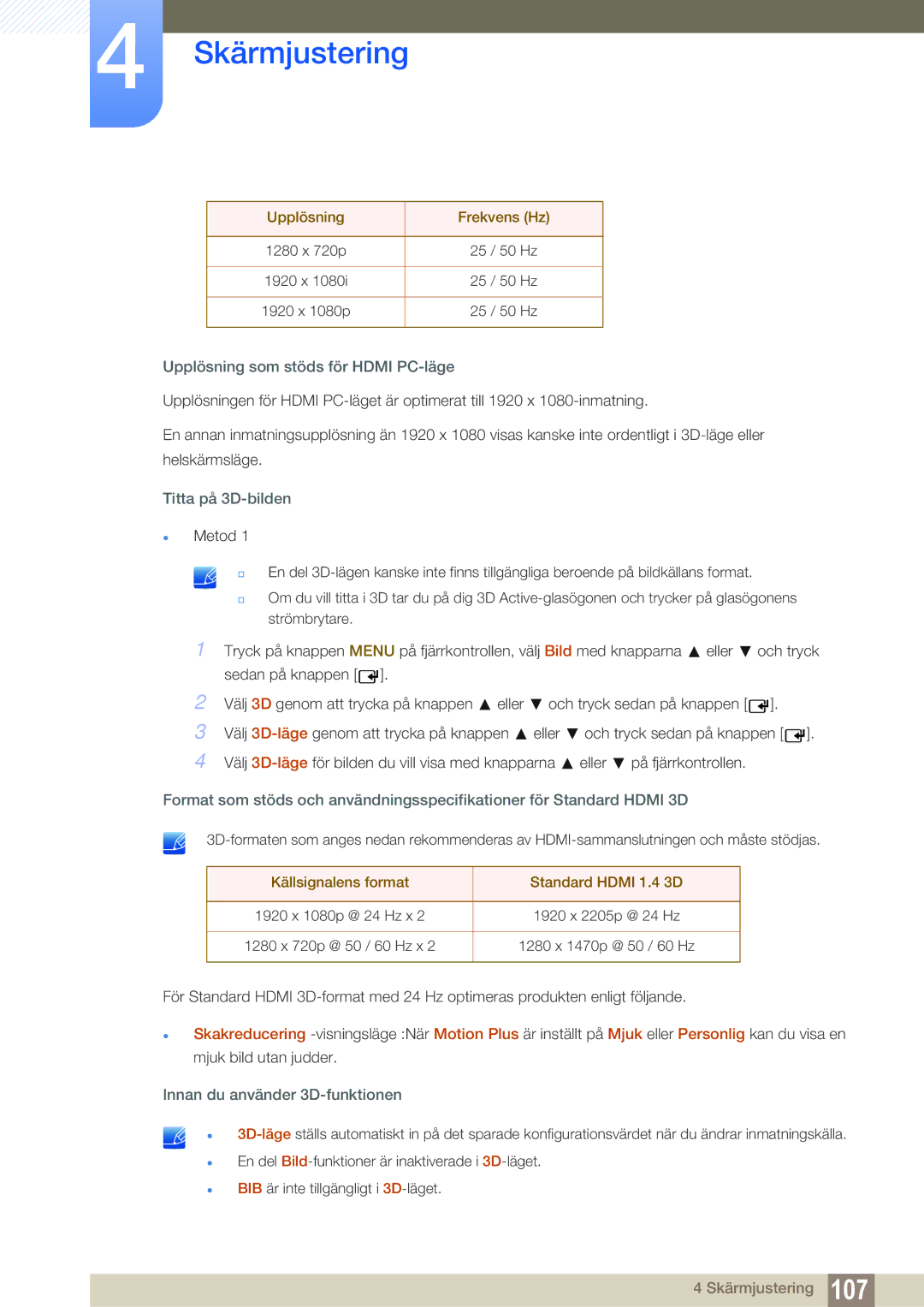 Samsung LH55MEBPLGC/EN manual Upplösning Frekvens Hz, Upplösning som stöds för Hdmi PC-läge, Titta på 3D-bilden 