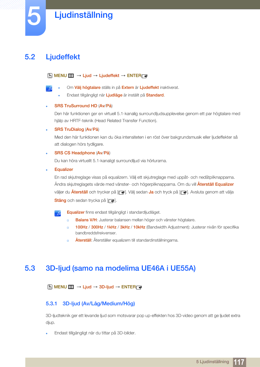 Samsung LH55MEBPLGC/EN manual Ljudeffekt, 3D-ljud samo na modelima UE46A i UE55A, 1 3D-ljud Av/Låg/Medium/Hög 