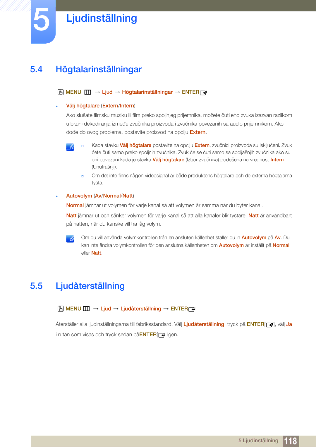 Samsung LH55MEBPLGC/EN manual Högtalarinställningar, Ljudåterställning,  Autovolym Av/Normal/Natt 