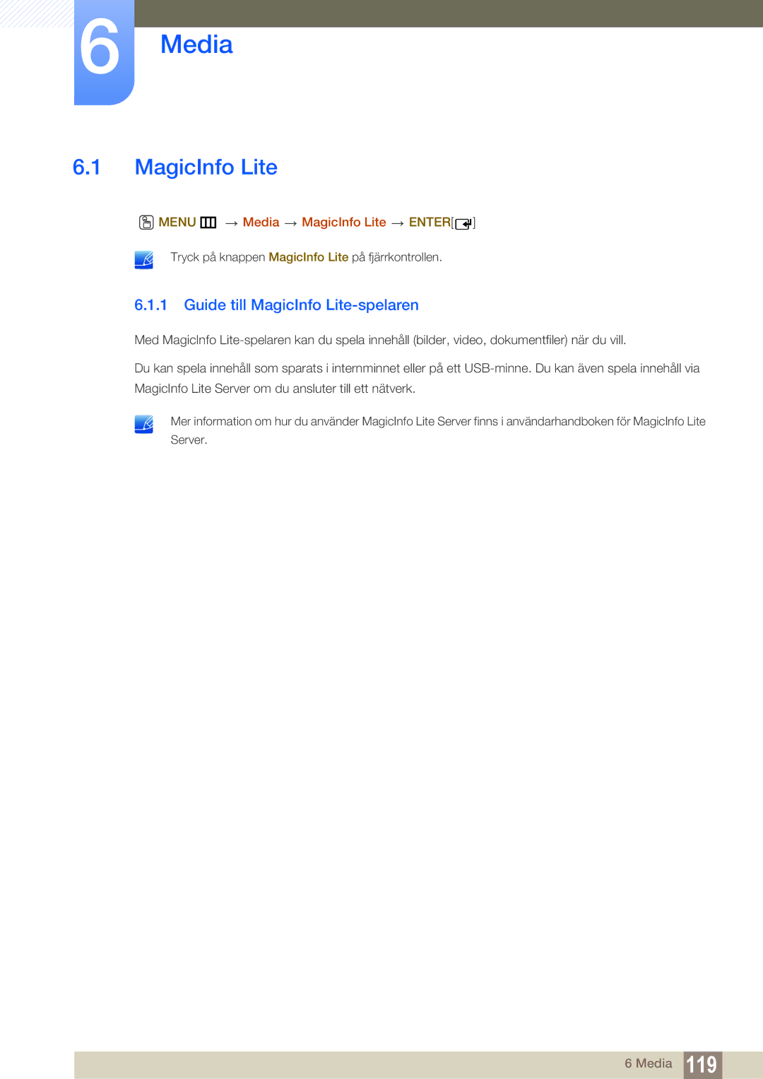 Samsung LH55MEBPLGC/EN manual Guide till MagicInfo Lite-spelaren, Menu m Media MagicInfo Lite Enter 