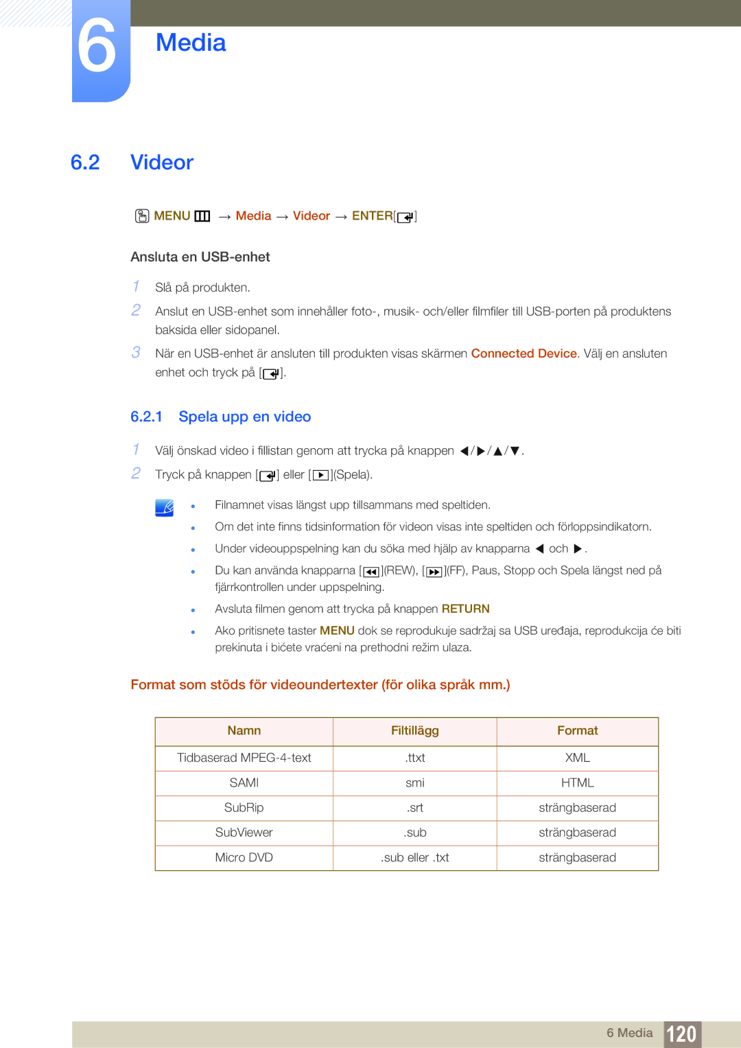 Samsung LH55MEBPLGC/EN manual Videor, Spela upp en video, Format som stöds för videoundertexter för olika språk mm 