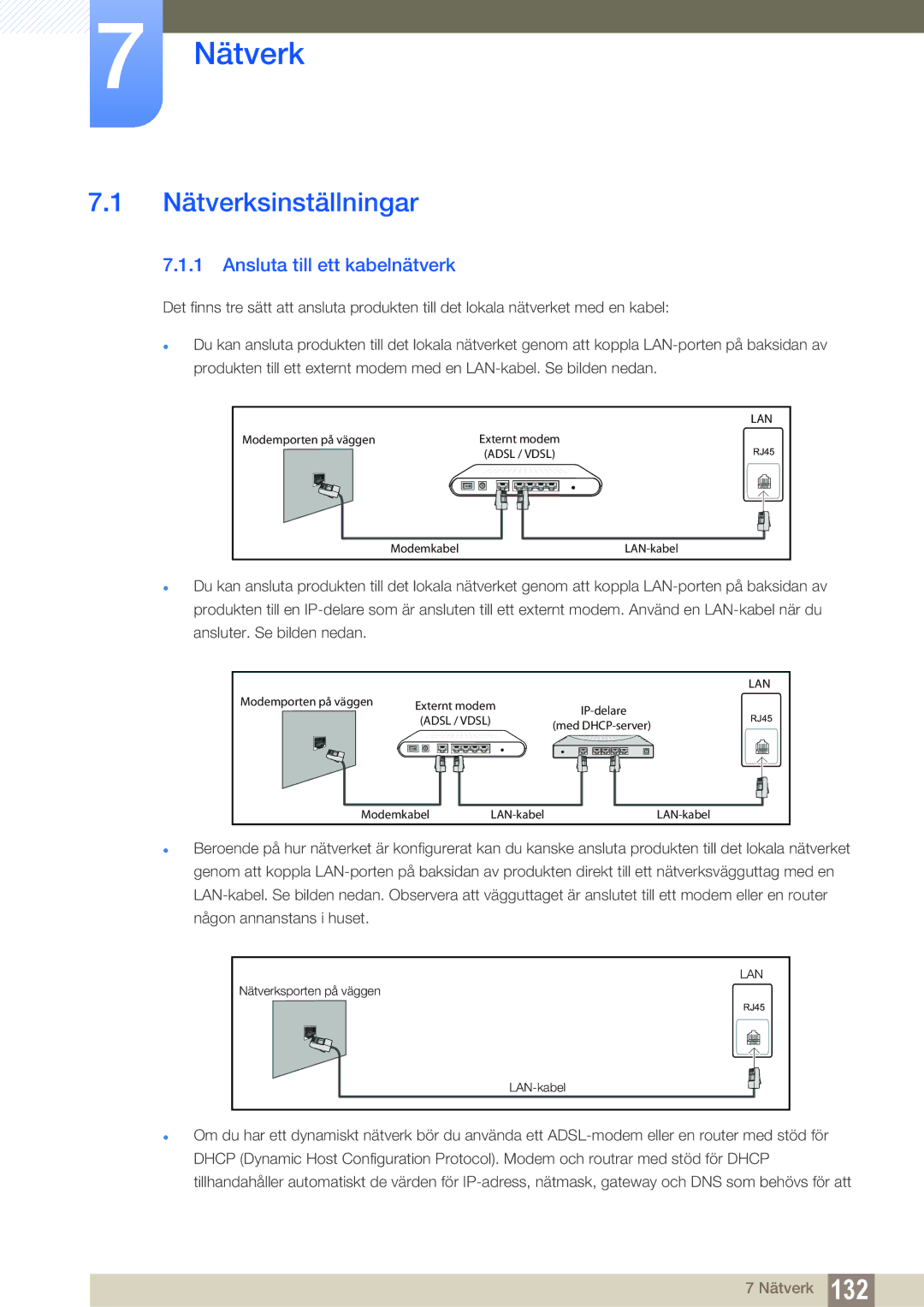 Samsung LH55MEBPLGC/EN manual Nätverksinställningar, Ansluta till ett kabelnätverk 