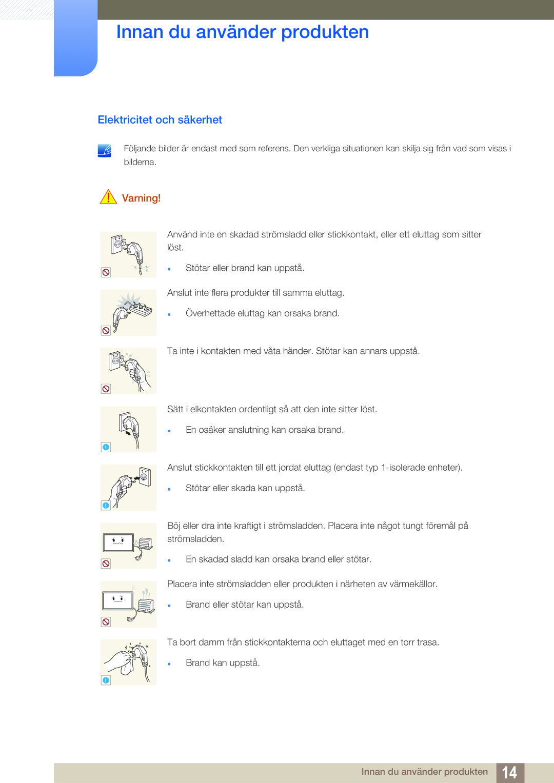 Samsung LH55MEBPLGC/EN manual Elektricitet och säkerhet, Varning 