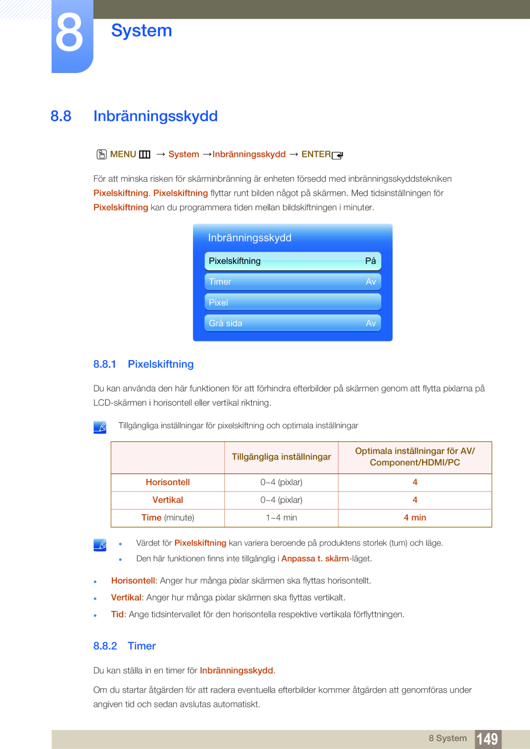 Samsung LH55MEBPLGC/EN manual Inbränningsskydd, Pixelskiftning, Timer 