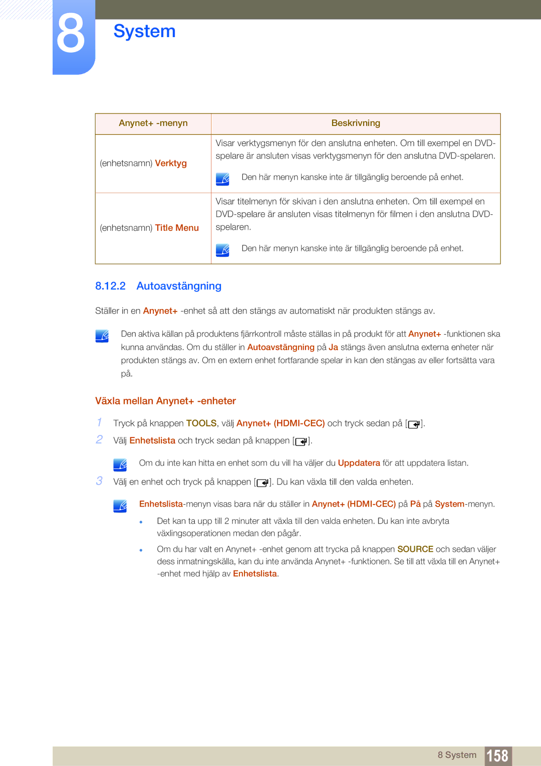 Samsung LH55MEBPLGC/EN manual Autoavstängning, Växla mellan Anynet+ -enheter 