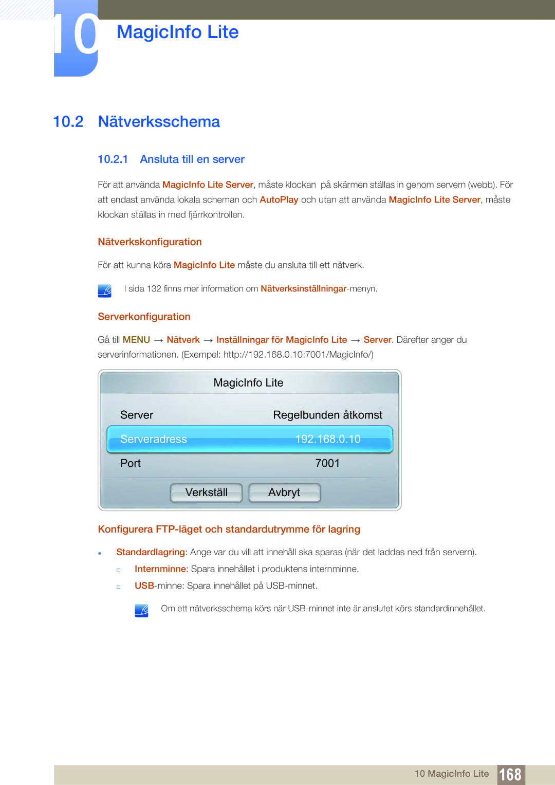 Samsung LH55MEBPLGC/EN manual 10.2 Nätverksschema, Ansluta till en server, Nätverkskonfiguration, Serverkonfiguration 