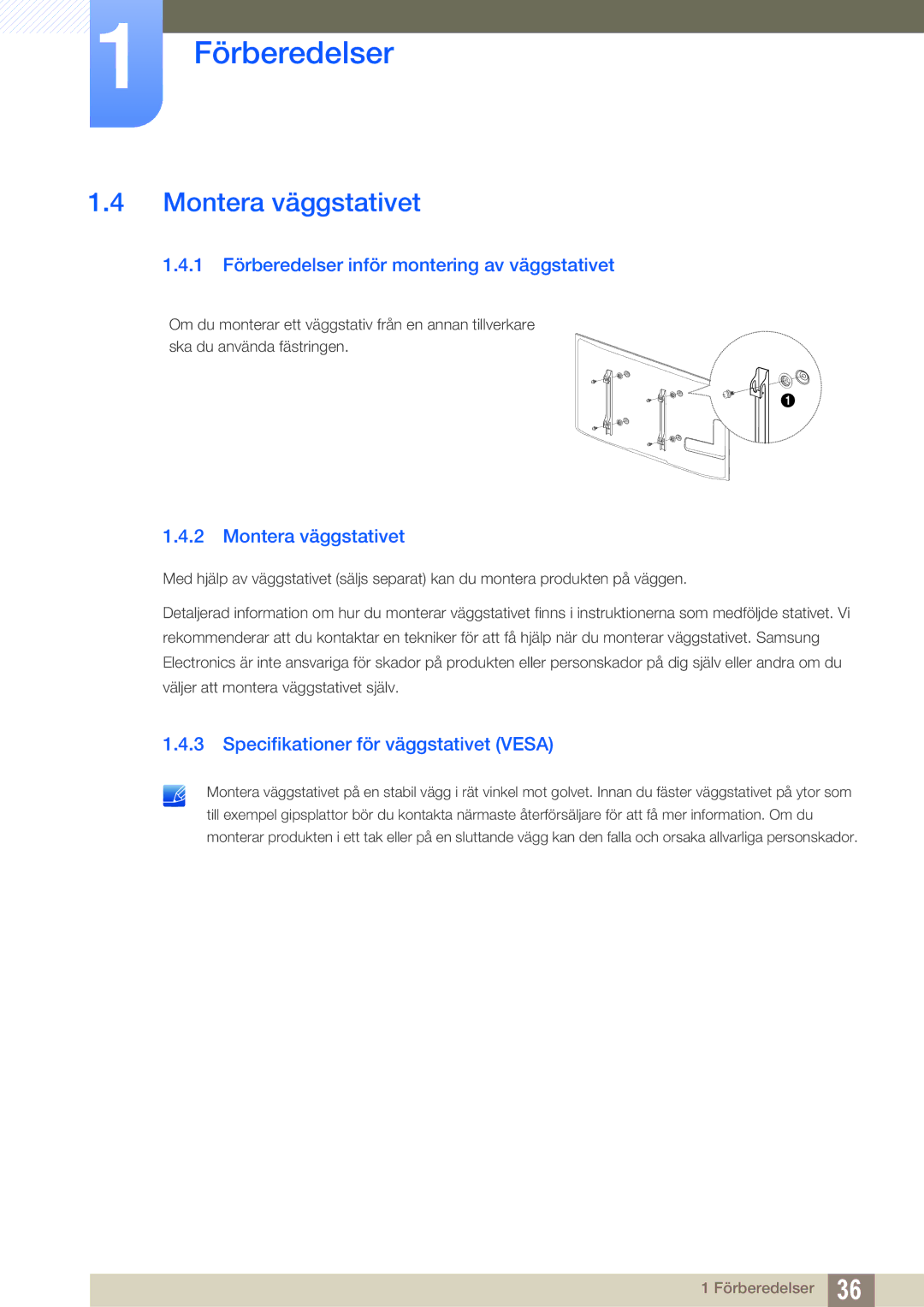 Samsung LH55MEBPLGC/EN manual Montera väggstativet, 1 Förberedelser inför montering av väggstativet 