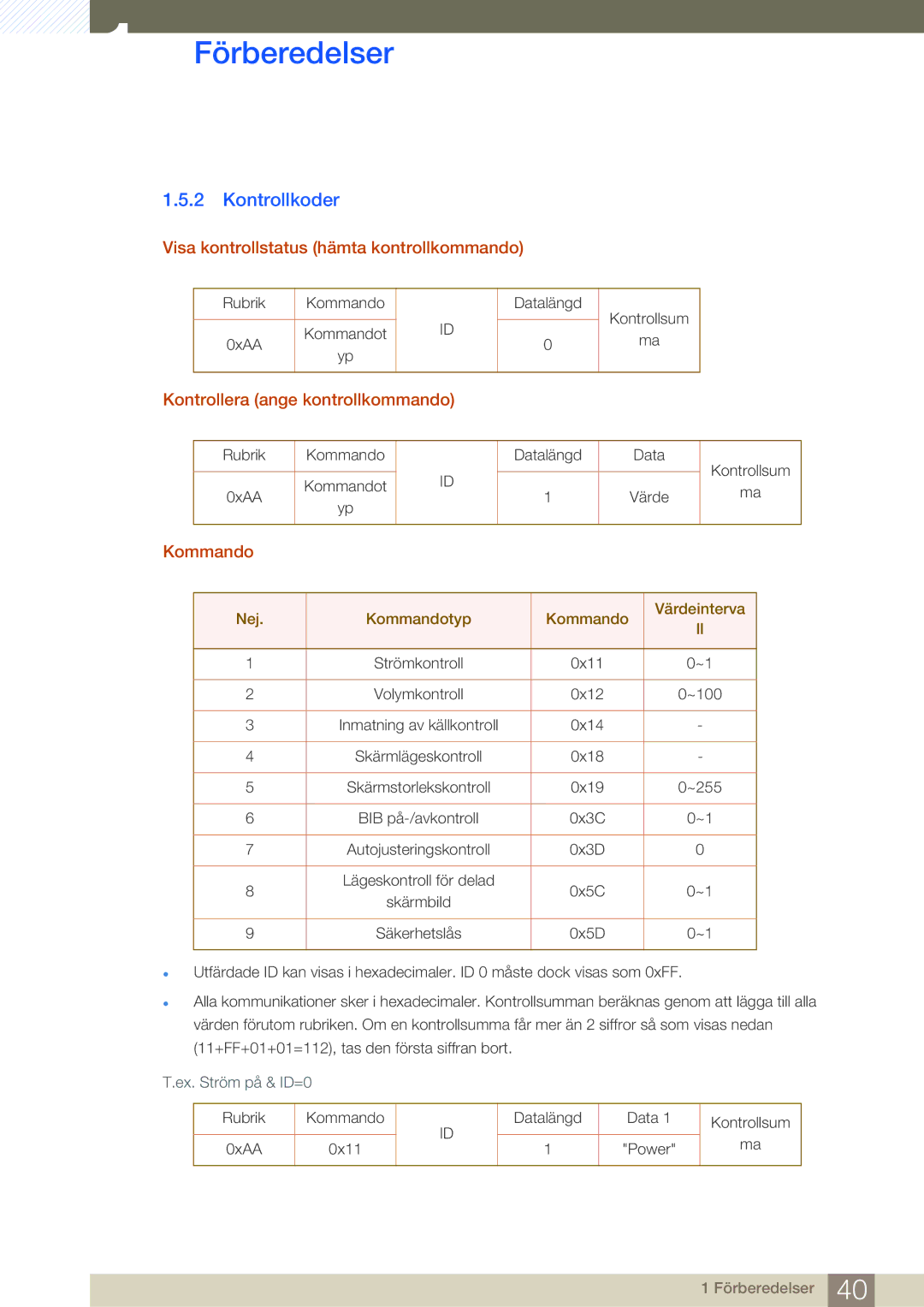 Samsung LH55MEBPLGC/EN manual Kontrollkoder, Visa kontrollstatus hämta kontrollkommando, Kontrollera ange kontrollkommando 