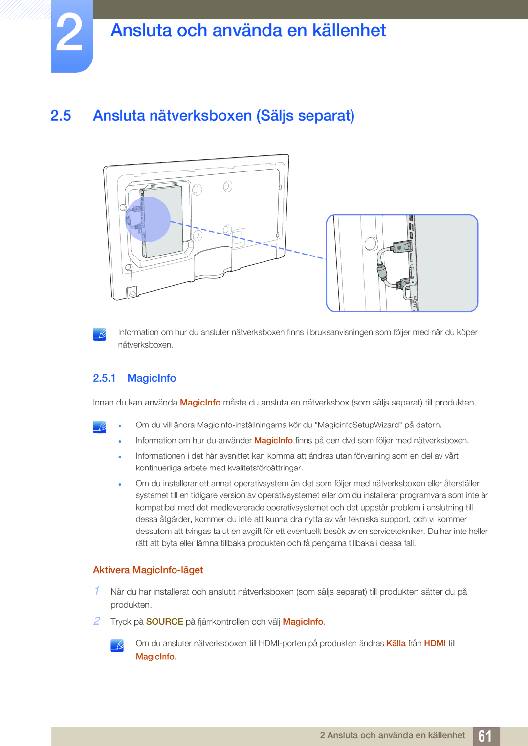 Samsung LH55MEBPLGC/EN manual Ansluta nätverksboxen Säljs separat, Aktivera MagicInfo-läget 