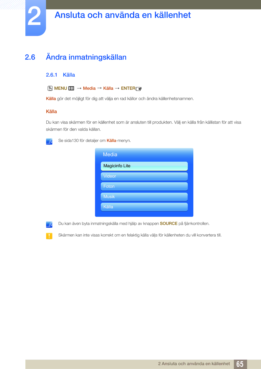 Samsung LH55MEBPLGC/EN manual Ändra inmatningskällan, 1 Källa, Menu m Media Källa Enter 