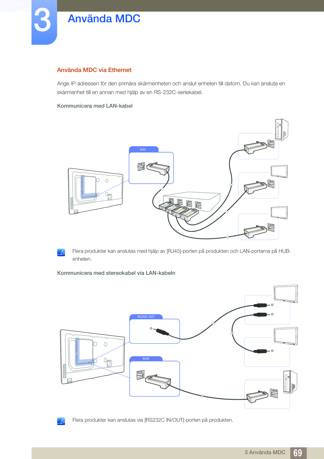 Samsung LH55MEBPLGC/EN Använda MDC via Ethernet, Kommunicera med LAN-kabel, Kommunicera med stereokabel via LAN-kabeln 