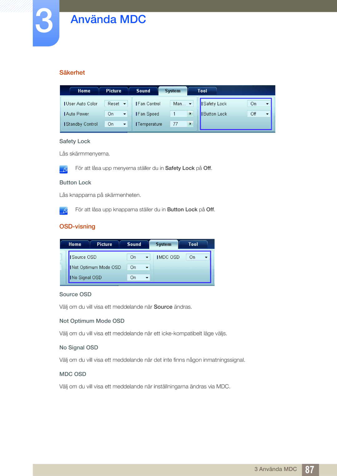 Samsung LH55MEBPLGC/EN manual Säkerhet, OSD-visning 