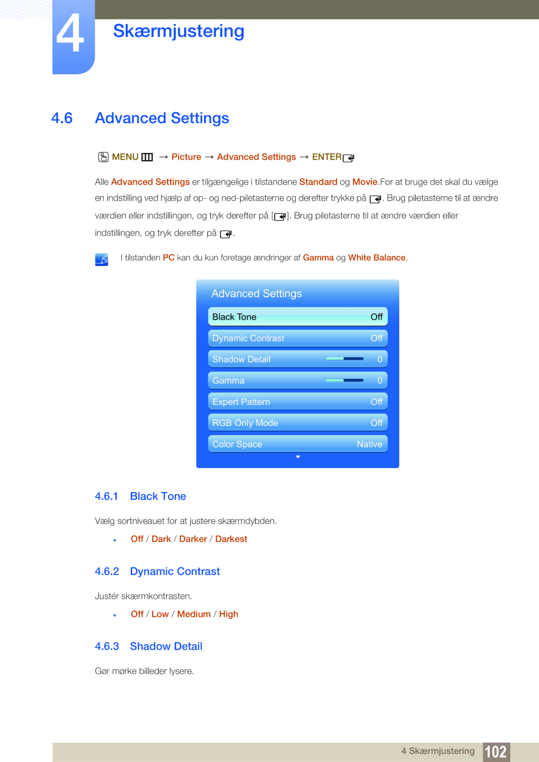 Samsung LH55MEBPLGC/EN manual Advanced Settings, Black Tone, Dynamic Contrast, Shadow Detail 