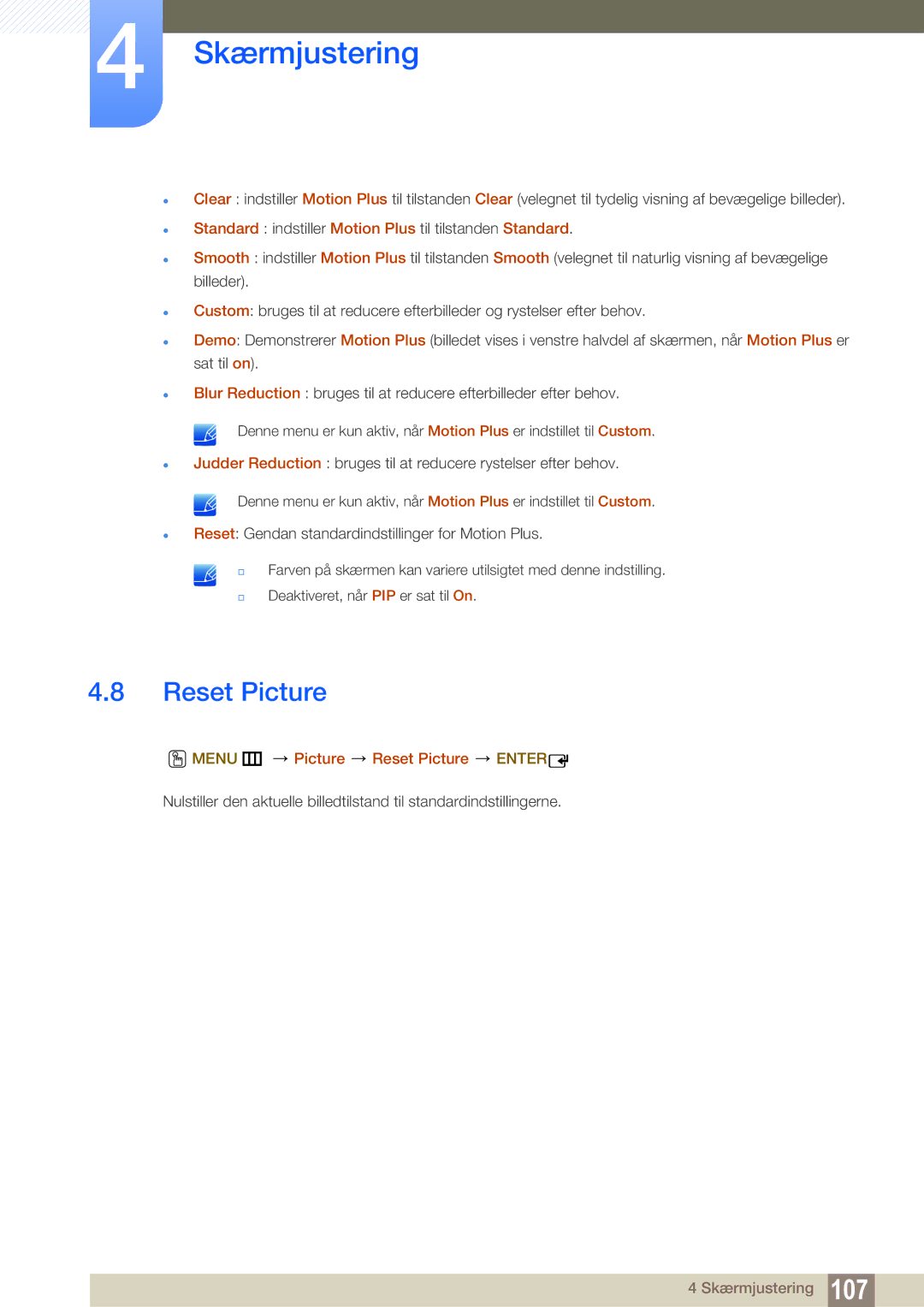 Samsung LH55MEBPLGC/EN manual Reset Picture, Standard indstiller Motion Plus til tilstanden Standard 