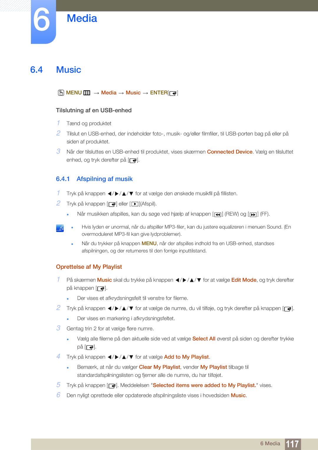 Samsung LH55MEBPLGC/EN manual Afspilning af musik, Oprettelse af My Playlist, Menu m Media Music Enter 