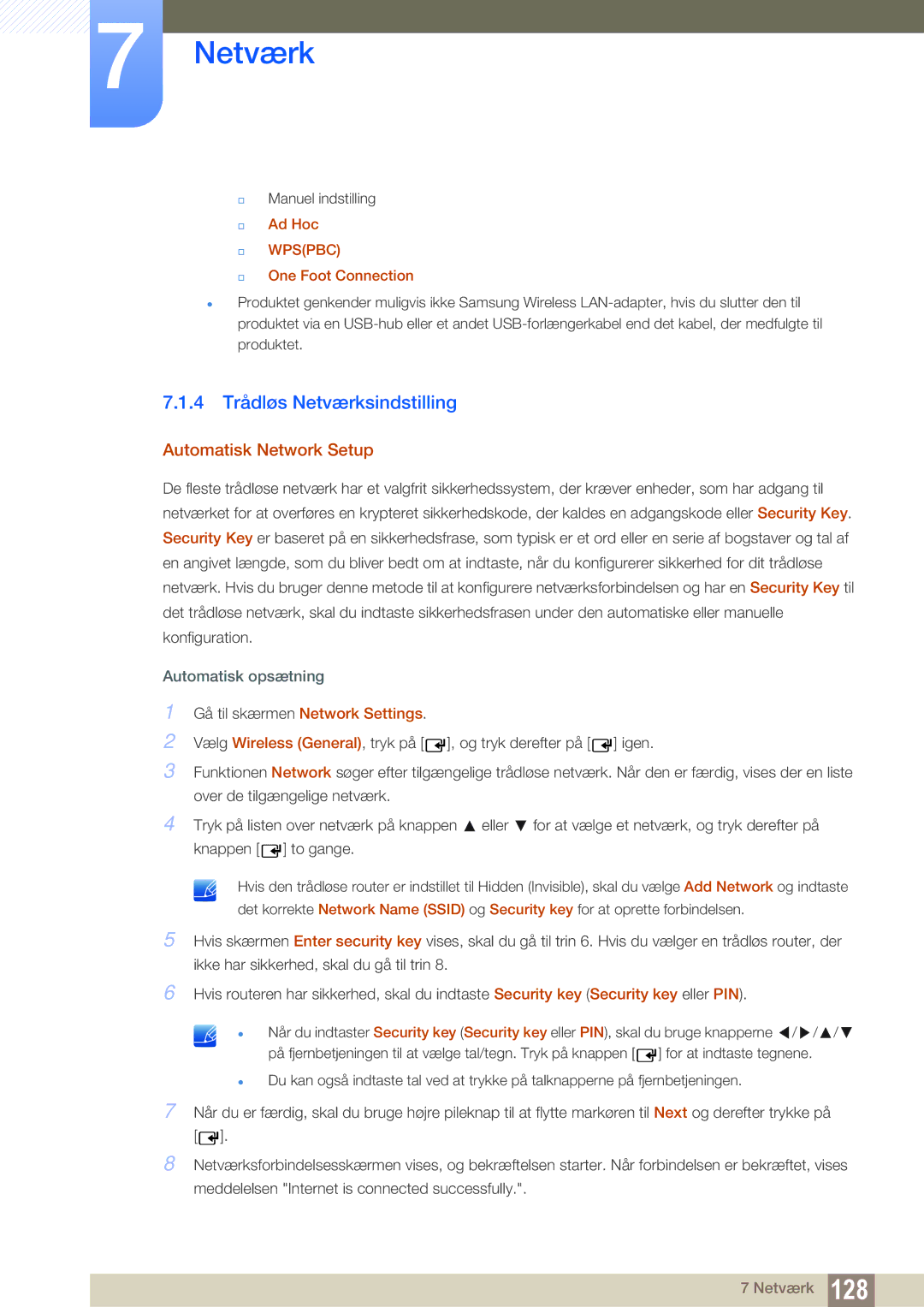 Samsung LH55MEBPLGC/EN manual 4 Trådløs Netværksindstilling, Automatisk Network Setup, Ad Hoc, One Foot Connection 