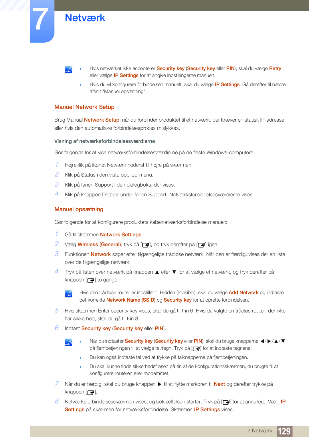 Samsung LH55MEBPLGC/EN manual Manuel Network Setup, Manuel opsætning, Indtast Security key Security key eller PIN 