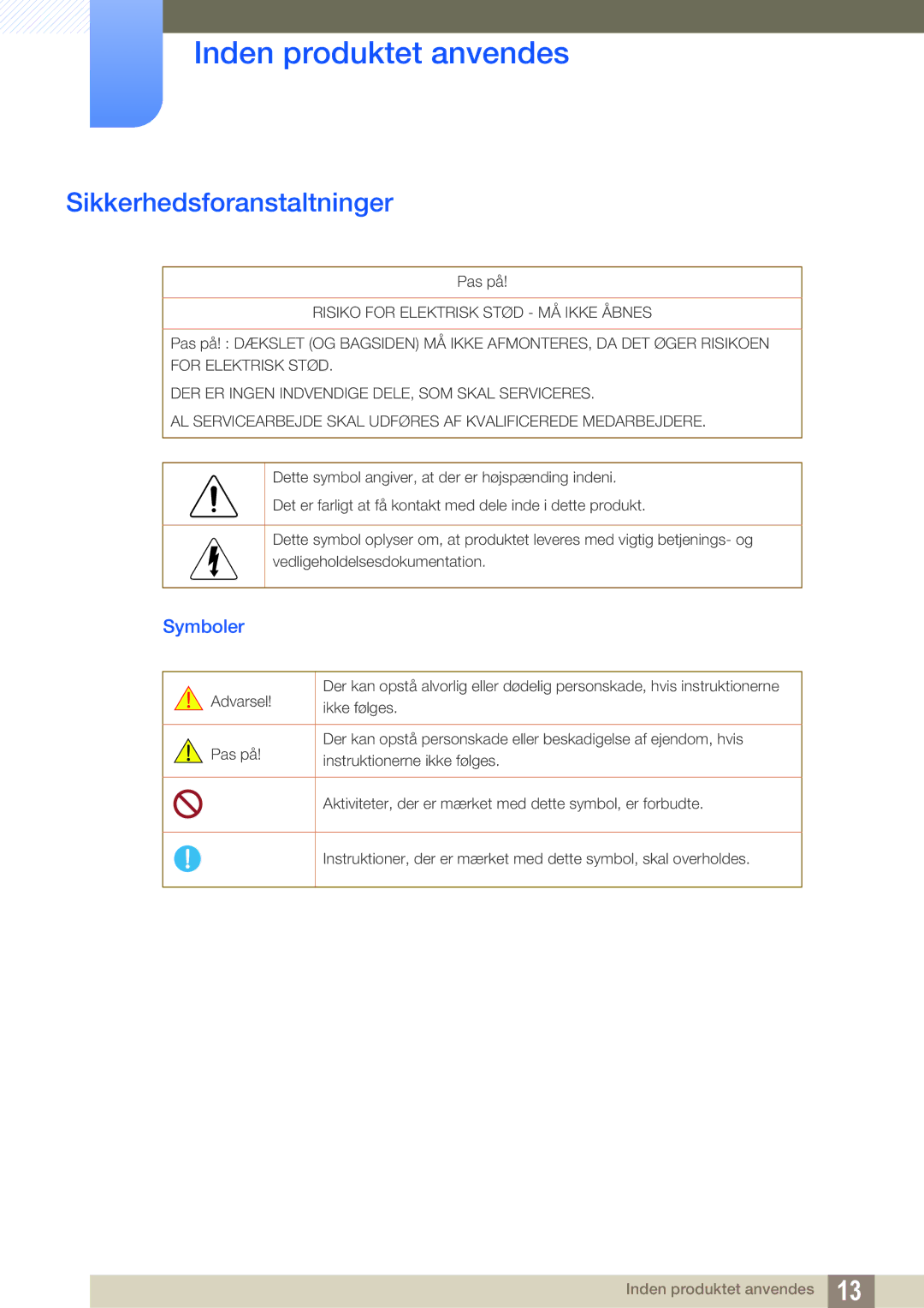 Samsung LH55MEBPLGC/EN manual Sikkerhedsforanstaltninger, Symboler 