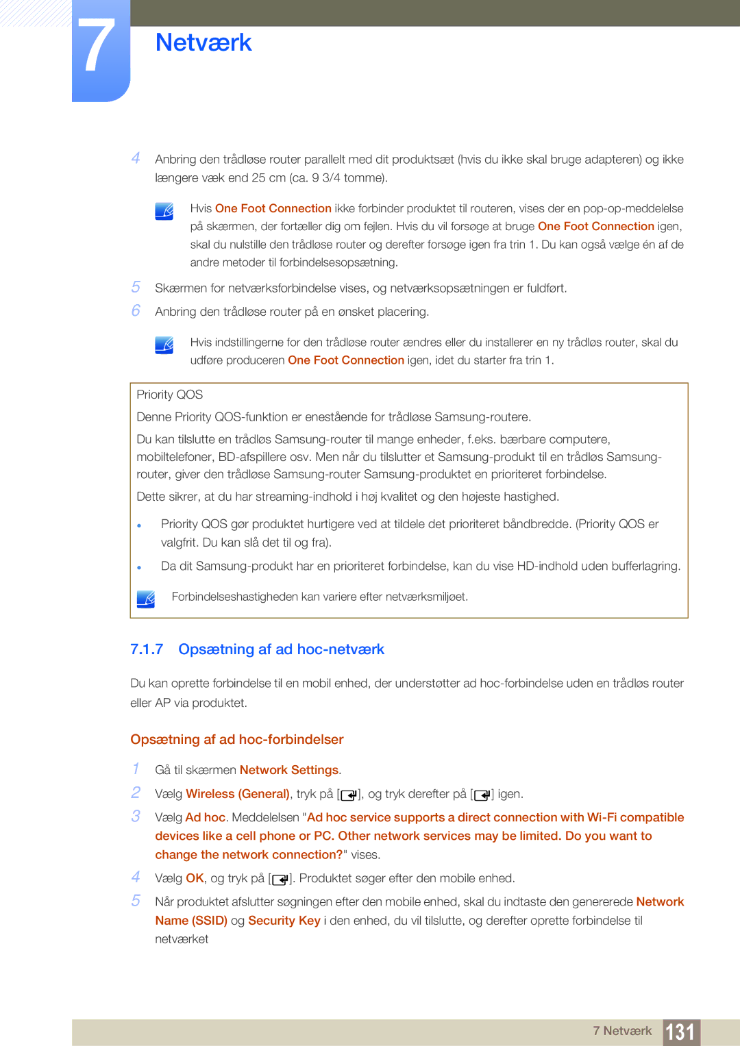 Samsung LH55MEBPLGC/EN manual 7 Opsætning af ad hoc-netværk, Opsætning af ad hoc-forbindelser 