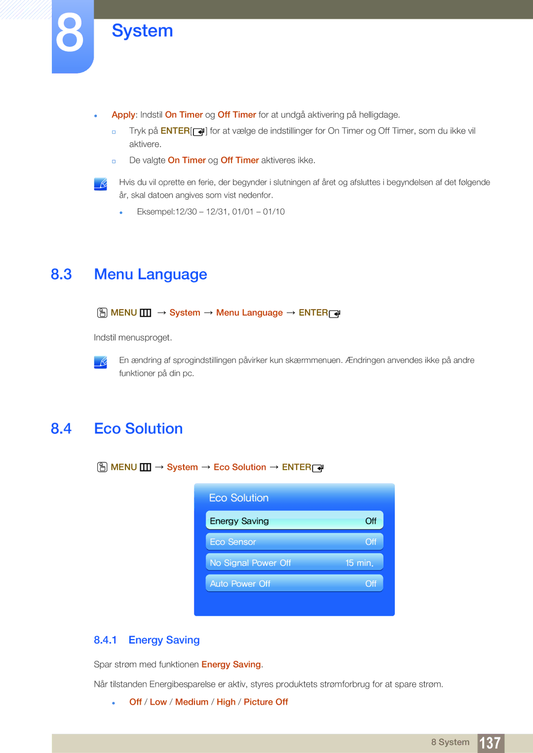 Samsung LH55MEBPLGC/EN manual Menu Language, Eco Solution, Energy Saving 