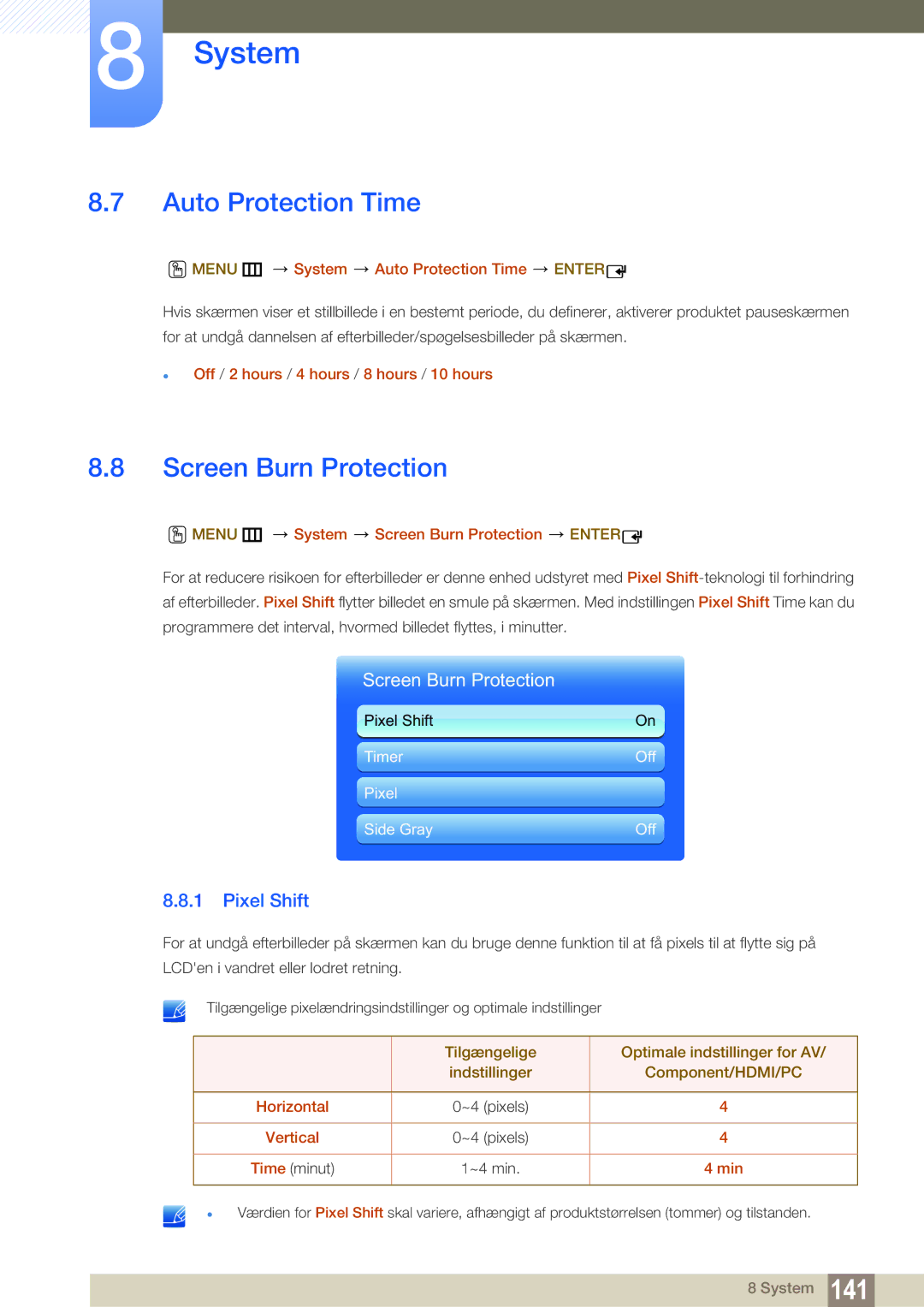 Samsung LH55MEBPLGC/EN manual Auto Protection Time, Screen Burn Protection, Pixel Shift 