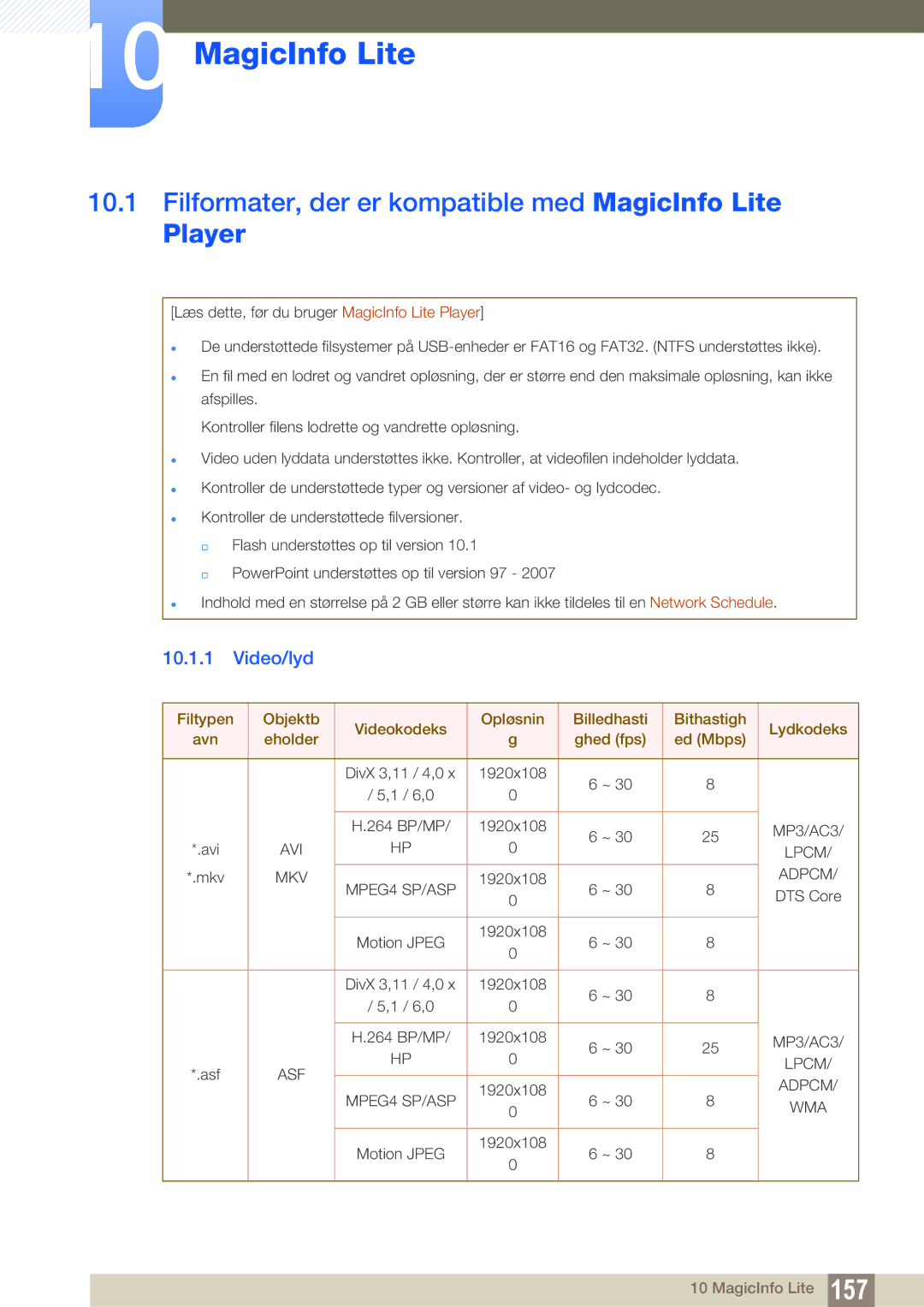 Samsung LH55MEBPLGC/EN manual Filformater, der er kompatible med MagicInfo Lite, Video/lyd 