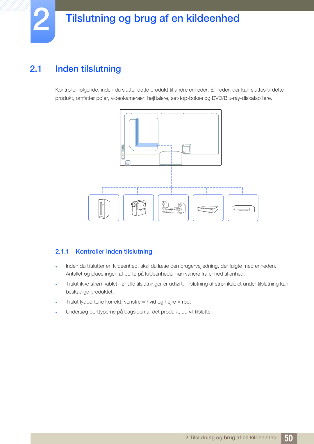 Samsung LH55MEBPLGC/EN manual Tilslutning og brug af en kildeenhed, Inden tilslutning, Kontroller inden tilslutning 