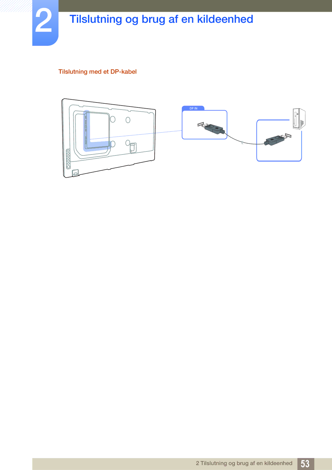 Samsung LH55MEBPLGC/EN manual Tilslutning med et DP-kabel 