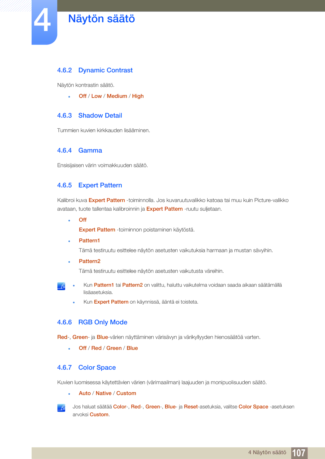 Samsung LH55MEBPLGC/EN manual Dynamic Contrast, Shadow Detail, Gamma, Expert Pattern, RGB Only Mode, Color Space 