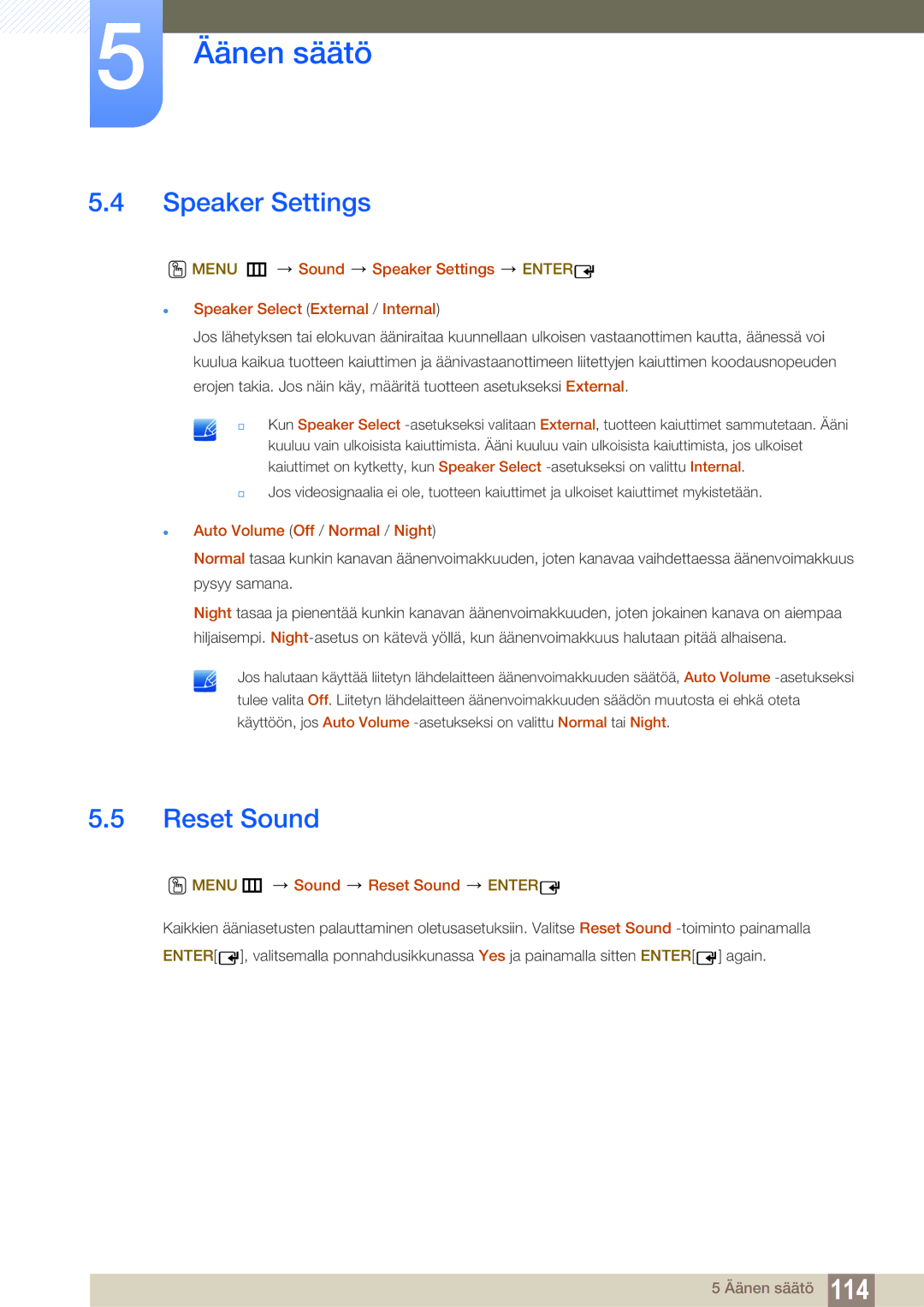 Samsung LH55MEBPLGC/EN manual Speaker Settings,  Auto Volume Off / Normal / Night, Menu m Sound Reset Sound Enter 