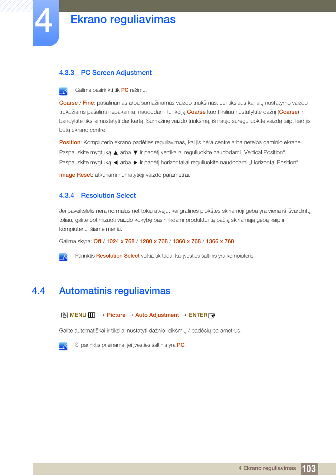 Samsung LH55MEBPLGC/EN manual Automatinis reguliavimas, PC Screen Adjustment, Resolution Select 