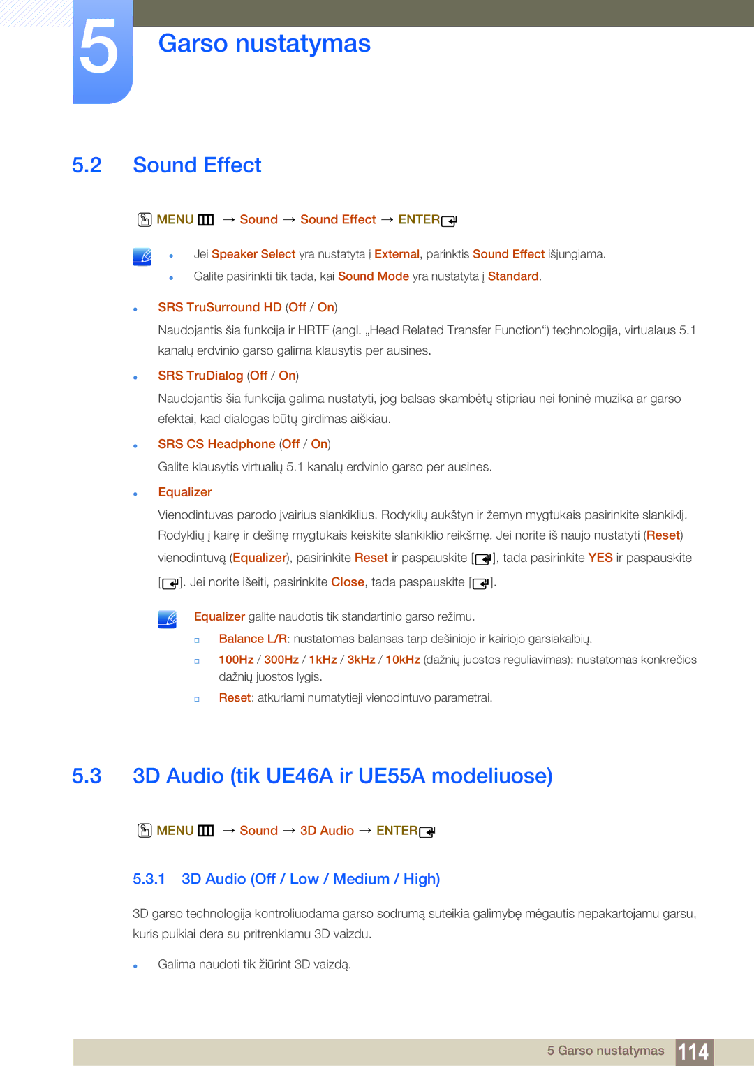 Samsung LH55MEBPLGC/EN manual Sound Effect, 3D Audio tik UE46A ir UE55A modeliuose, 1 3D Audio Off / Low / Medium / High 