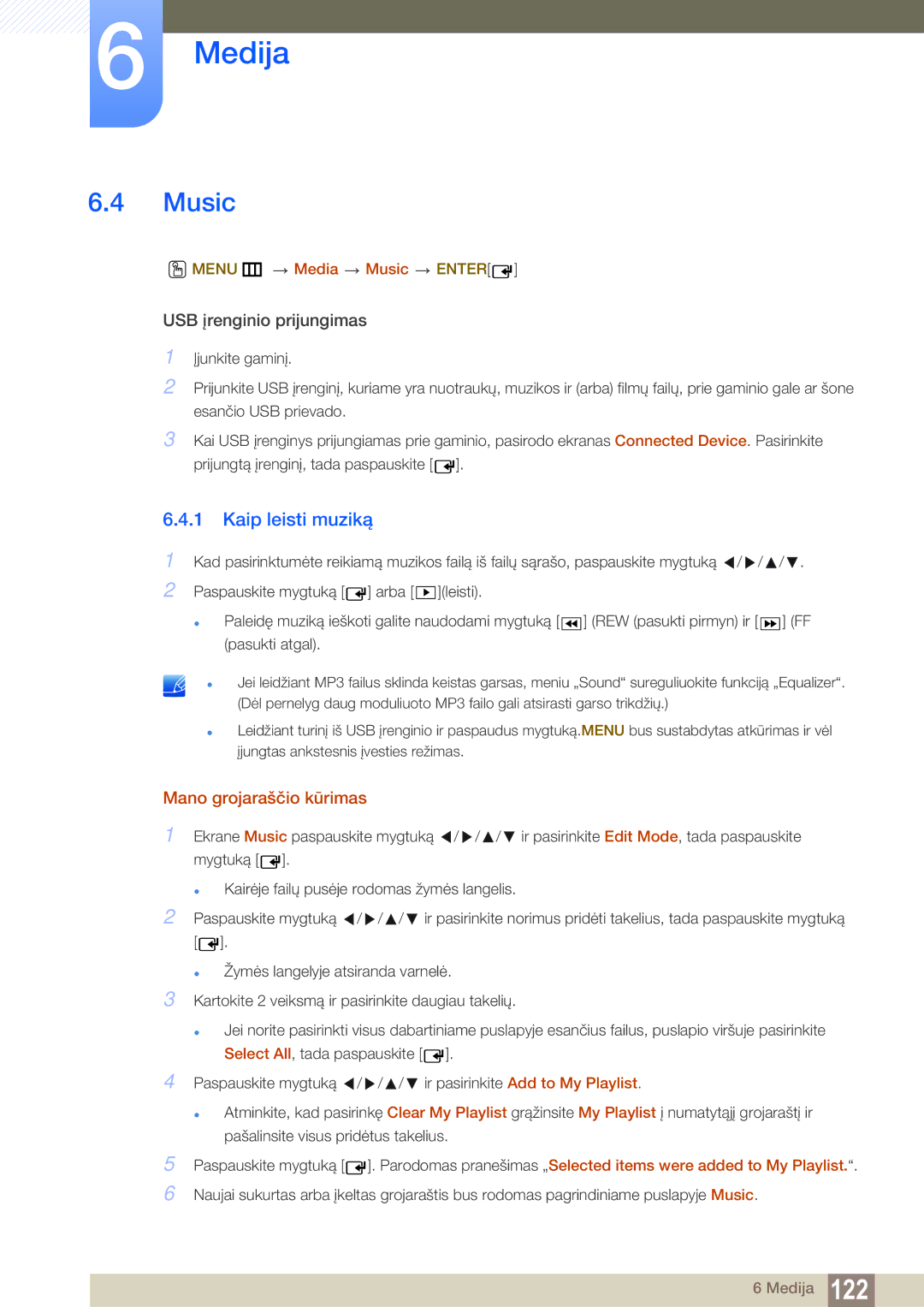 Samsung LH55MEBPLGC/EN manual Kaip leisti muziką, Mano grojaraščio kūrimas, Menu m Media Music Enter 