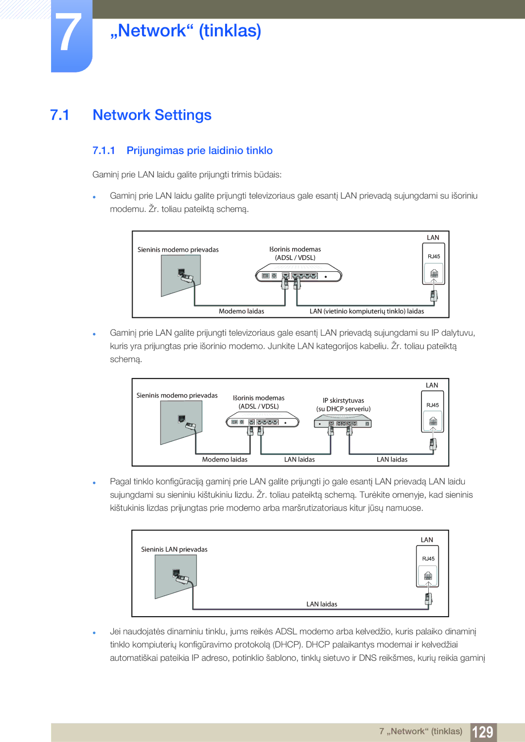 Samsung LH55MEBPLGC/EN manual „Network tinklas, Network Settings, Prijungimas prie laidinio tinklo 