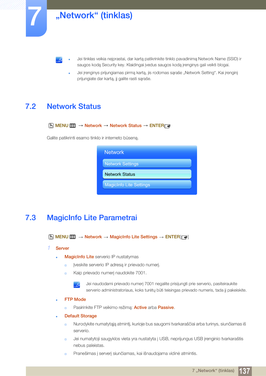 Samsung LH55MEBPLGC/EN manual Network Status, MagicInfo Lite Parametrai 