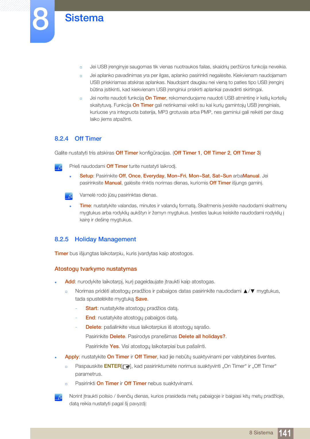 Samsung LH55MEBPLGC/EN manual Off Timer, Holiday Management, Atostogų tvarkymo nustatymas 