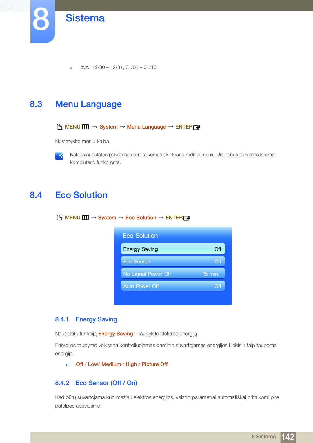 Samsung LH55MEBPLGC/EN manual Menu Language, Eco Solution, Energy Saving, Eco Sensor Off / On 