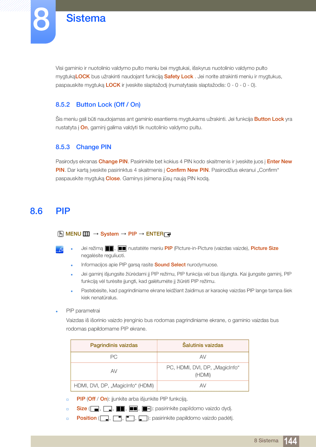 Samsung LH55MEBPLGC/EN manual Pip, Button Lock Off / On, Change PIN, Menu m System PIP Enter, Pagrindinis vaizdas 