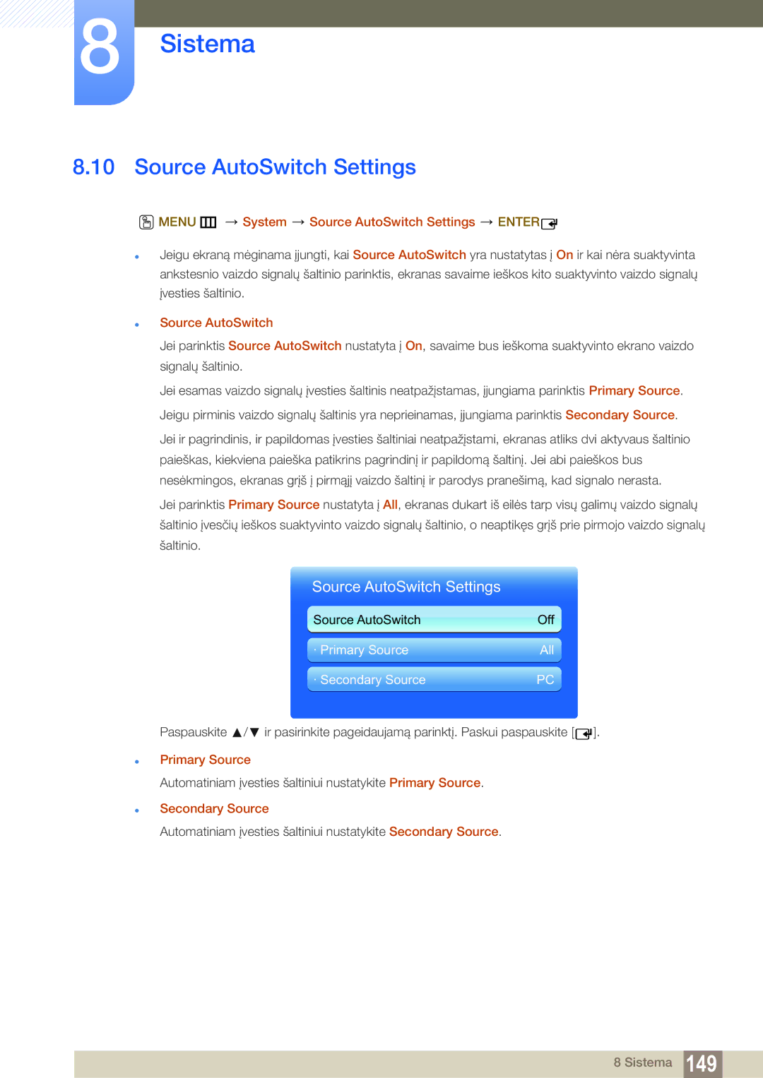 Samsung LH55MEBPLGC/EN manual Menu m System Source AutoSwitch Settings Enter, Secondary Source 