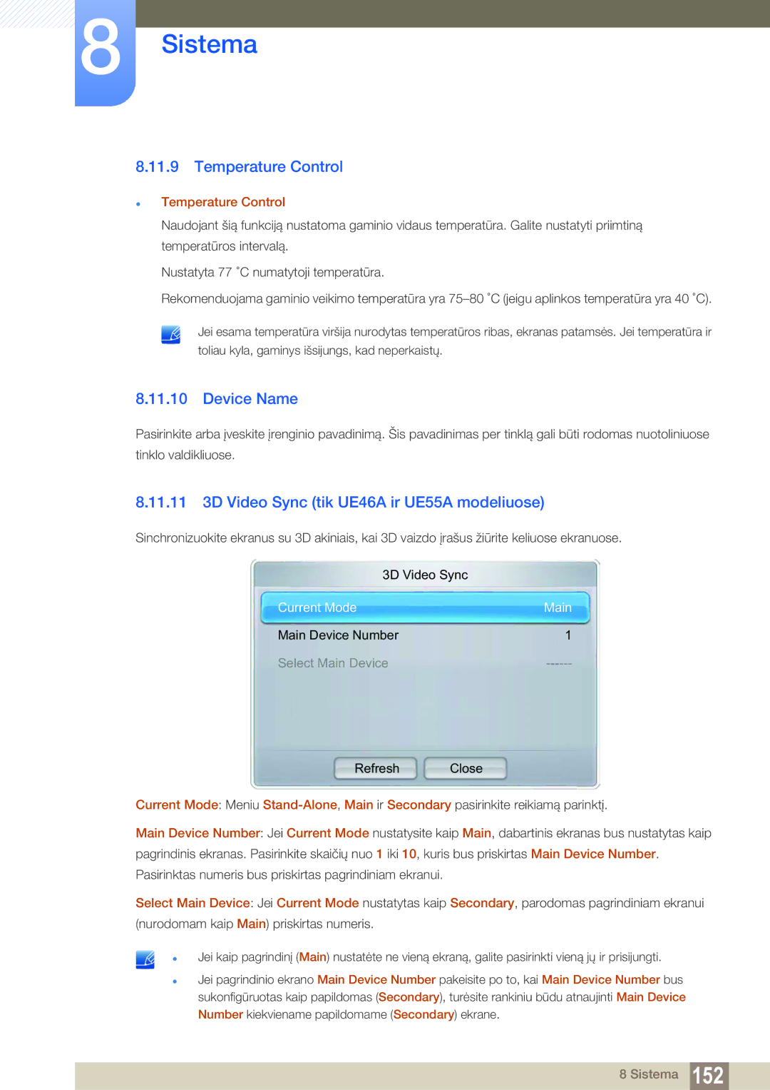 Samsung LH55MEBPLGC/EN manual Temperature Control, Device Name, 11.11 3D Video Sync tik UE46A ir UE55A modeliuose 