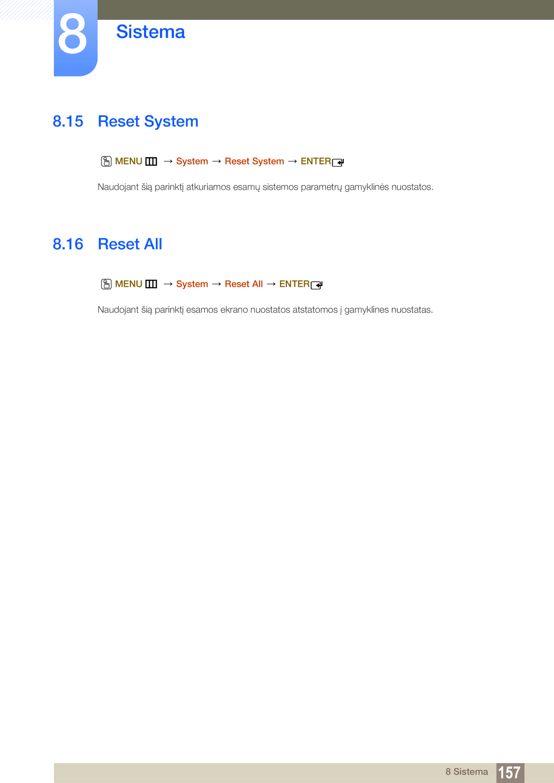 Samsung LH55MEBPLGC/EN manual Menu m System Reset System Enter, Menu m System Reset All Enter 