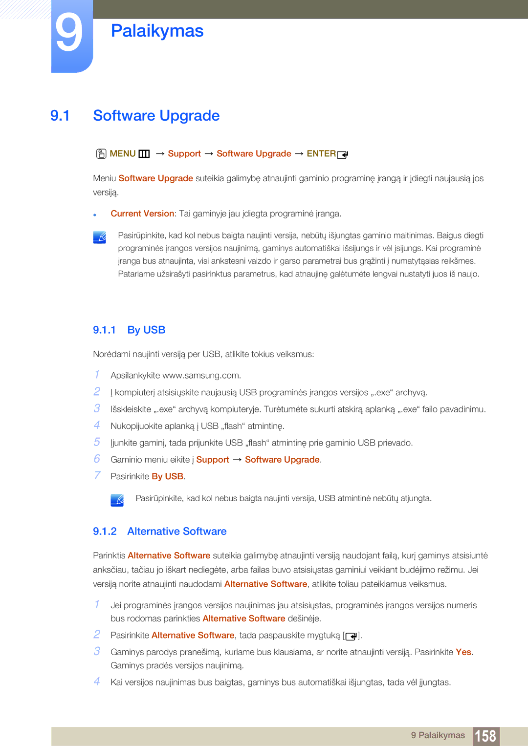 Samsung LH55MEBPLGC/EN manual Palaikymas, Software Upgrade, By USB, Alternative Software 