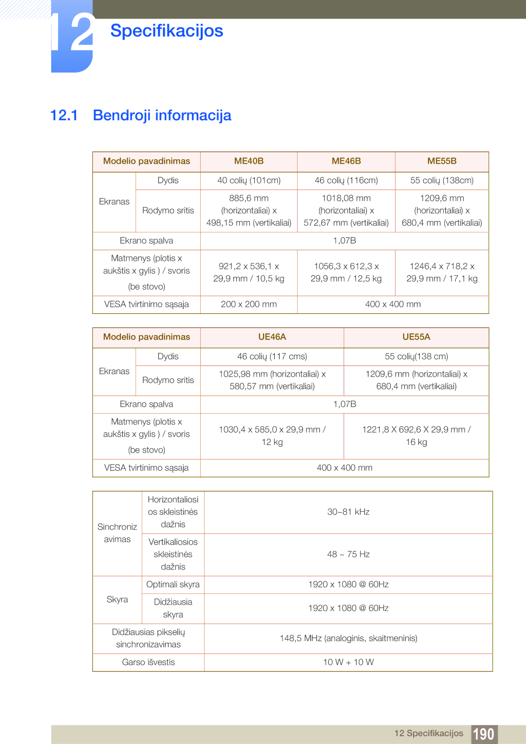 Samsung LH55MEBPLGC/EN manual Specifikacijos, Bendroji informacija 