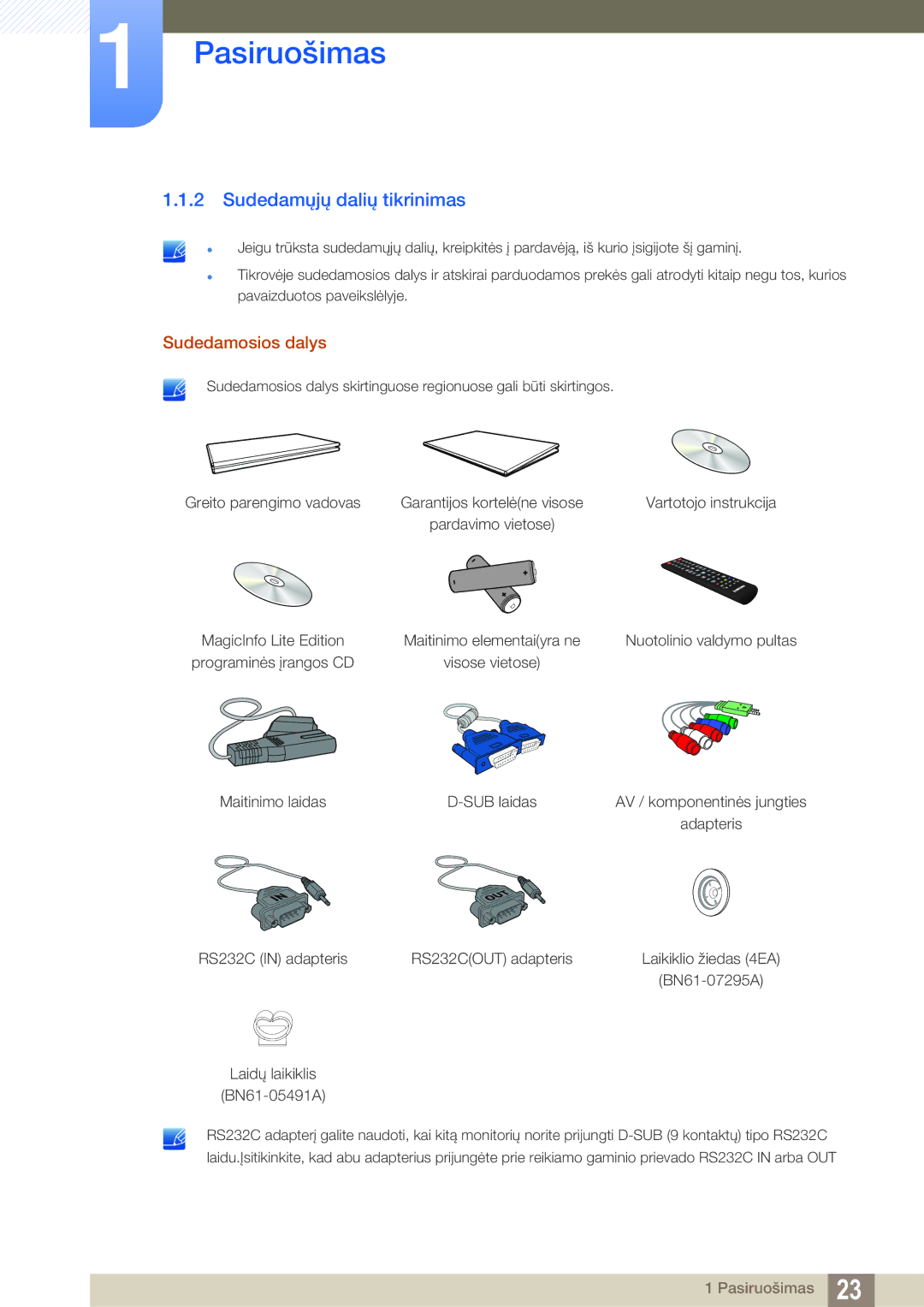 Samsung LH55MEBPLGC/EN manual Sudedamųjų dalių tikrinimas, Sudedamosios dalys 